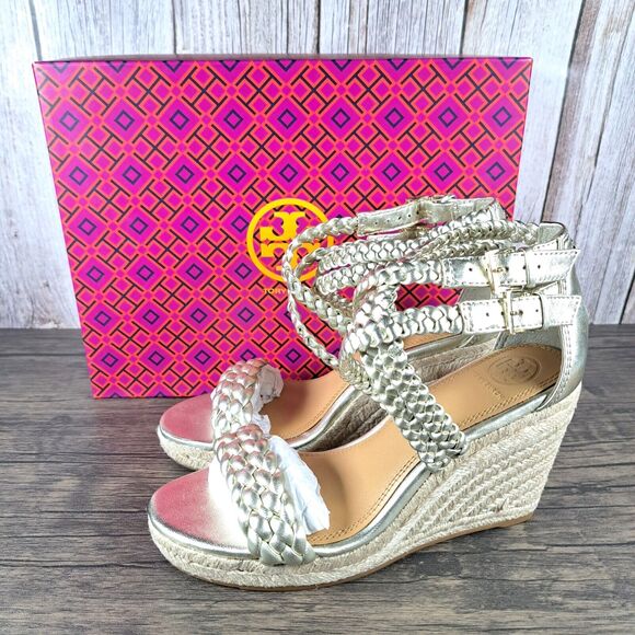 Tory Burch Bailey Ankle Strap Wedge Espadrille Spark Gold Women’s Sz 6.5 M (NIB) - Picture 1 of 9